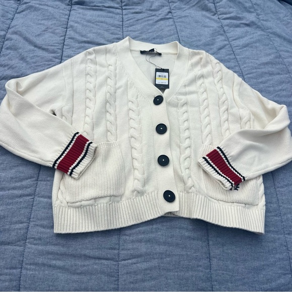 Tommy Hilfiger Sweaters - Tommy Hilfiger Cream Cable-Knit Cardigan with Red and Black Stripe Cuffs Size M